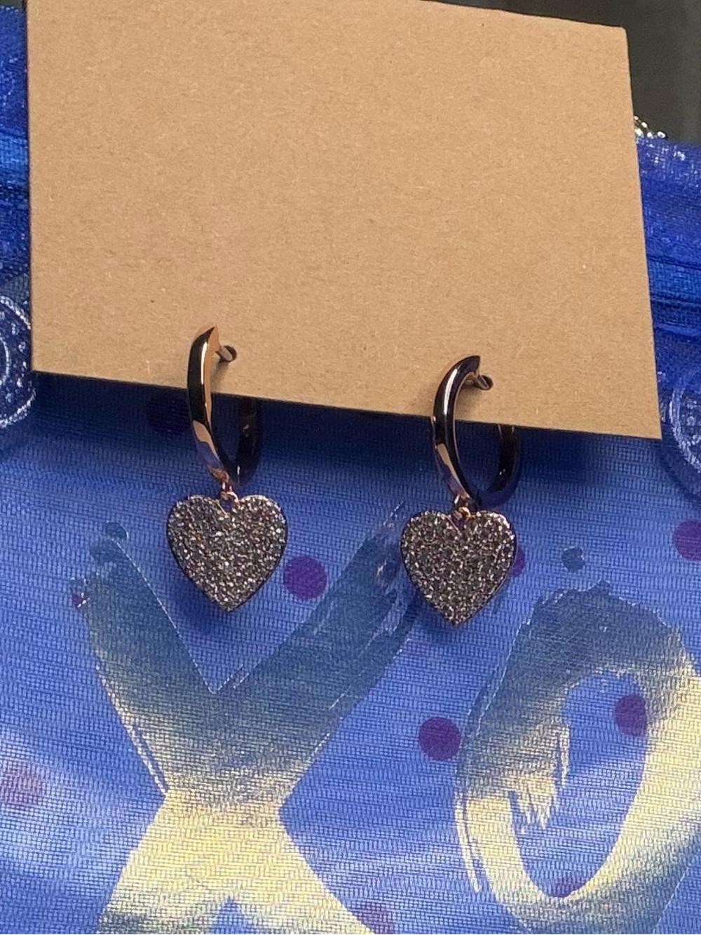 Rose Gold Pave Crystal Heart Huggie Drop Earrings Dainty Leverback